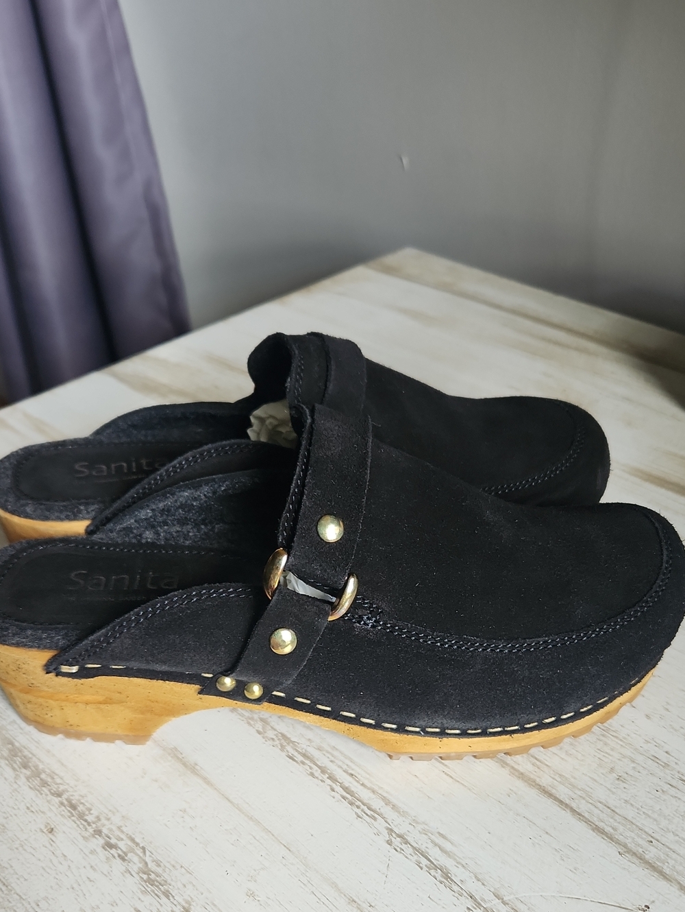 Sanita Black Suede Clog Mules with Tan Wood-Effect Sole